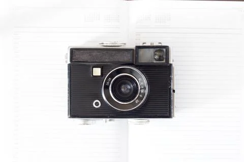 Old camera. Flat lay, Top view . Stock Photos