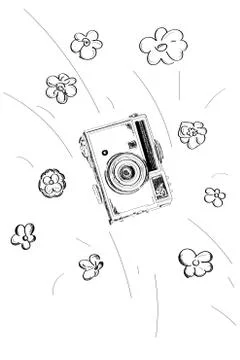 Old camera flies with flowers black and white vector . Stock Illustration