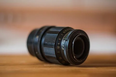 Old camera lens marking close up Stock Photos