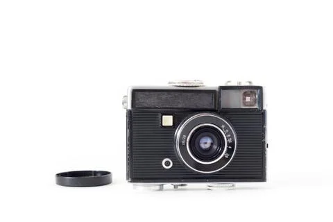 Old camera on white background. Flat lay, Top view . Stock Photos