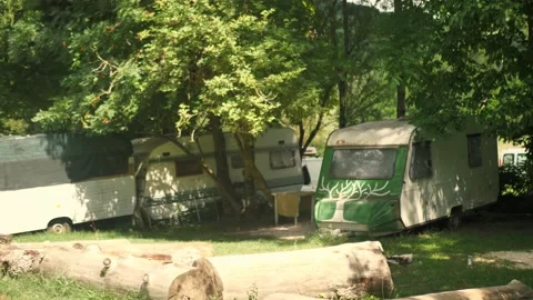 Old camper van standing on parking lot. Stock Footage 205920903