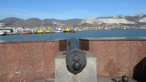 Old cannon was directed to sea. Coastal battery at observation deck. Stock Footage 168811203