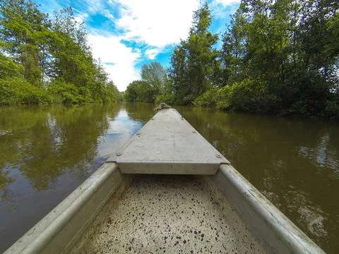 Old canoe down the river. Stock Photos