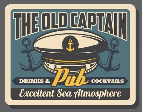 Old captain pub retro poster with sailor navy cap Stock Illustration