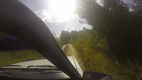 Old car is driving on a bad forest road. Off-road driving Stock Footage 164623650