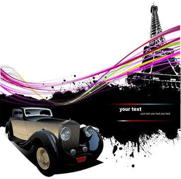 Old car with Paris image background. Vector illustration Illustrazione stock