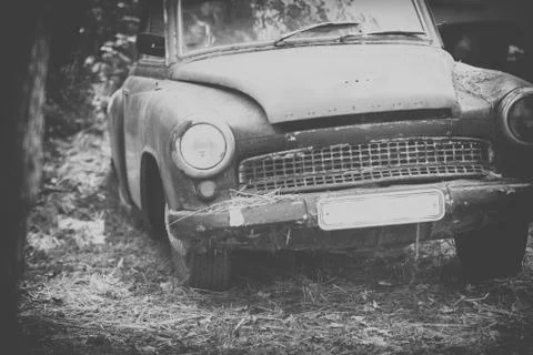 Old Car rusting in forest, black and white Foto stock