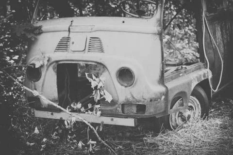 Old Car rusting in forest, black and white Stockfoto's