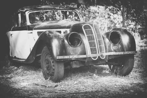 Old Car rusting in forest, black and white 스톡 사진