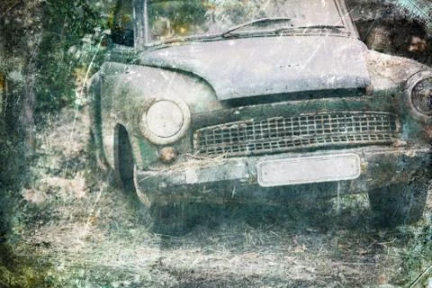 Old Car rusting in forest, damage color vintage photo effect 写真素材