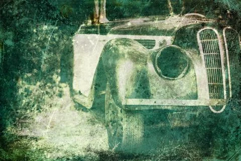 Old Car rusting in forest, damage color vintage photo effect Stock Photos