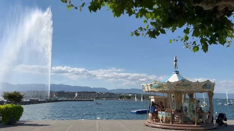 Old Carousel and Jet d’eau of Geneva Stock Footage 202041619
