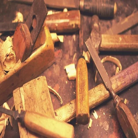 Old carpenter hand tools on the table at workshop Stock Footage 69408234