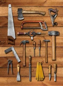 Old carpenter hand tools on wood Stock Illustration