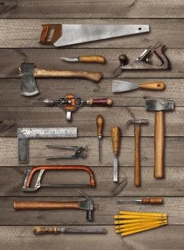 Old carpenter hand tools on wood Stock Photos