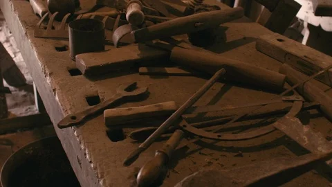 Old carpenter tools on a wooden table Video stock 107810584