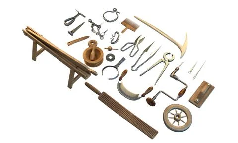 Old carpenter workshop with vintage tools,3d illustration Stock Illustration