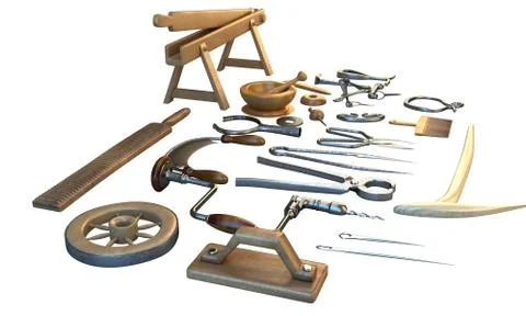 Old carpenter workshop with vintage tools,3d illustration Stock Illustration