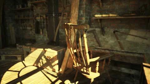 Old carpentry workshop filled with traditional tools and aged wooden furniture Stock Footage 329608299