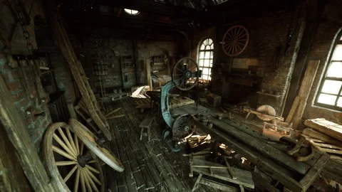 Old carpentry workshop filled with vintage tools and wooden materials Vidéo 327192249