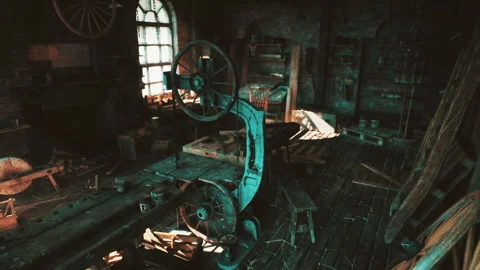Old carpentry workshop filled with vintage tools and rustic wooden features Stock Footage 331399435
