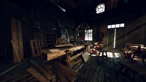 Old carpentry workshop filled with vintage tools and rustic wooden furniture Stock Footage 331399802