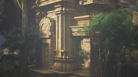 Old carved gate with vines and glowing lantern creates mysterious mood Stock Footage 339800650