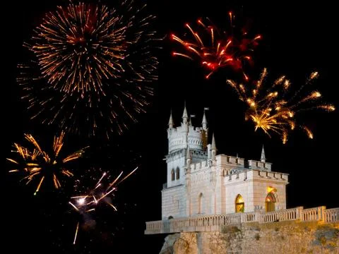 Old castle and fireworks Stockfoto's