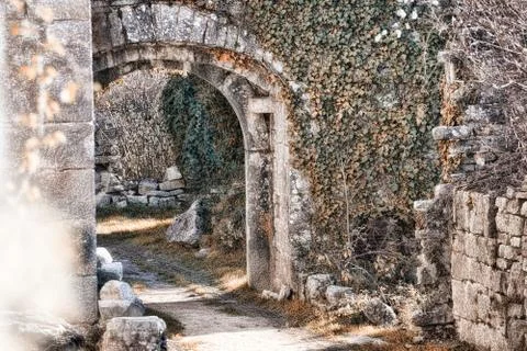 Old castle backyard with stone arches Stock Illustration