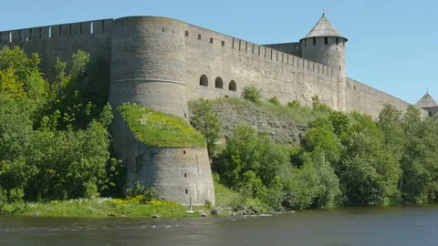 The old castle on the border of Narva in Estonia Stock Footage 224398629