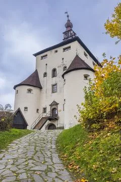 Old Castle building with cobblestone path in Banska Stiavnica Stock Photos