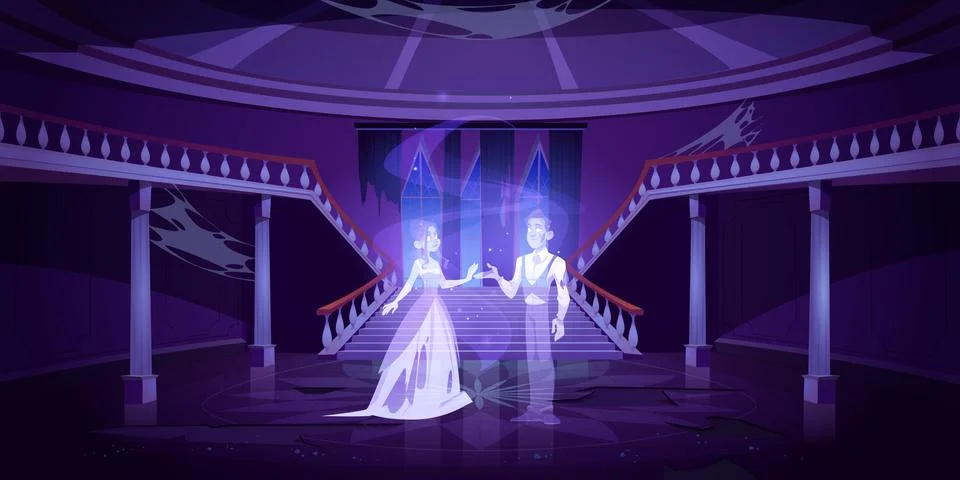 Old castle hall with ghosts dance in palace room Stock Illustration