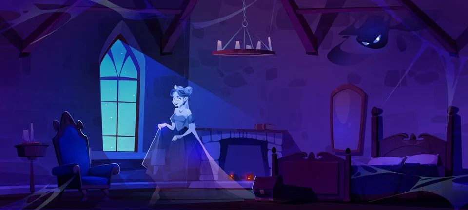 Old castle hall with ghosts dance in palace room Stock Illustration