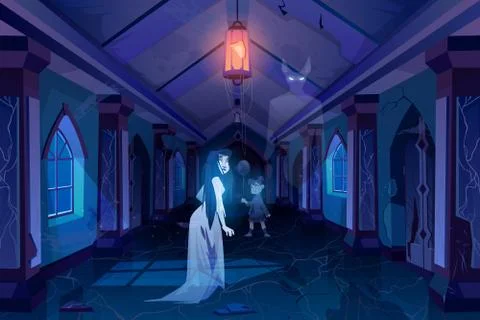 Old castle hall with ghosts dark scary palace room Иллюстрация