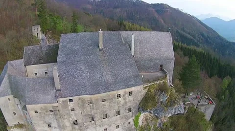 Old castle from middle age in Austria. aerial view up to the top. Stock Footage 49536424