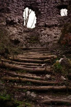 Old castle. Path leading to the old castle.the wall of an old stone castle an Stock Photos