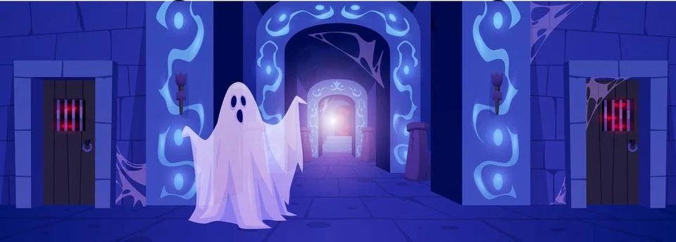 Old castle with a scary ghost. Medieval dungeon. Stock Illustration