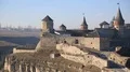 Old castle, stone fortress in Kamianets-Podilskyi city in western Ukraine HD Footage