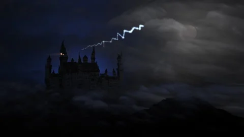 Old castle on top of a hill with forked lighting in a spooky haunted shot. Видео 141252307