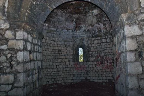 Old castle tower inside ruin small window Stock Photos