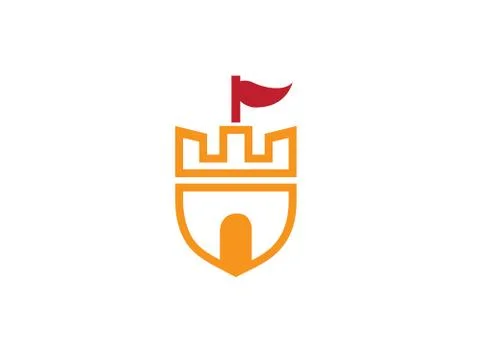 Old Castle Tower in a shield symbol with a flag on the top and big door for l Stock Illustration
