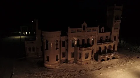 Old castle in winter night Stock Footage