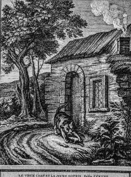 The old cat and the young mouse, fables de la Fontaine, publisher Talan, Dier Stock Illustration