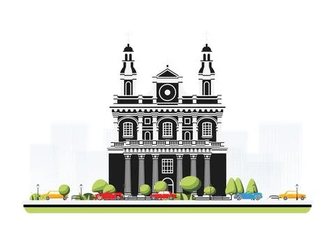 Old cathedral building in flat style with trees and cars. City scene isolat.. Ilustración de archivo