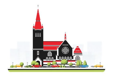 Old cathedral building in flat style with trees and cars. City scene isolat.. Ilustración de archivo