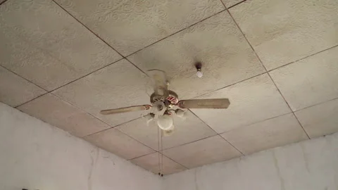 Old ceiling fan spins above textured tiled ceiling Stock Footage 341096402
