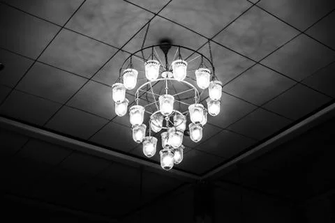Old ceiling light lantern in the dark room black and white Stock Photos