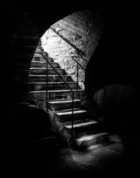 Old cellar staircase in low light Stock Photos