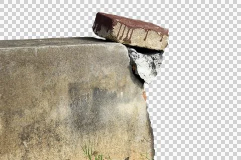 The old cement wall is broken, cracked, and damaged isolated on white backgro Stock Photos