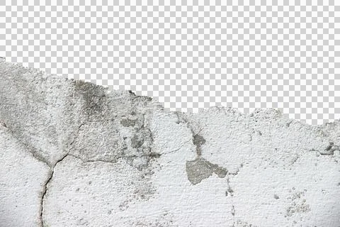 The old cement wall is broken, cracked, and damaged isolated on white backgro Stock Photos